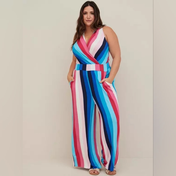 Torrid Supersoft Surplice Jumpsuit NWT 4X Vibrant Striped Wide Leg Plus Size - Picture 1 of 9